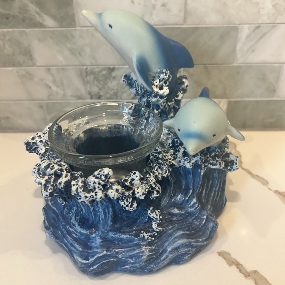 Dolphins Votive Candle Holder Blue Ocean Waves Coastal Shore Summer Decor